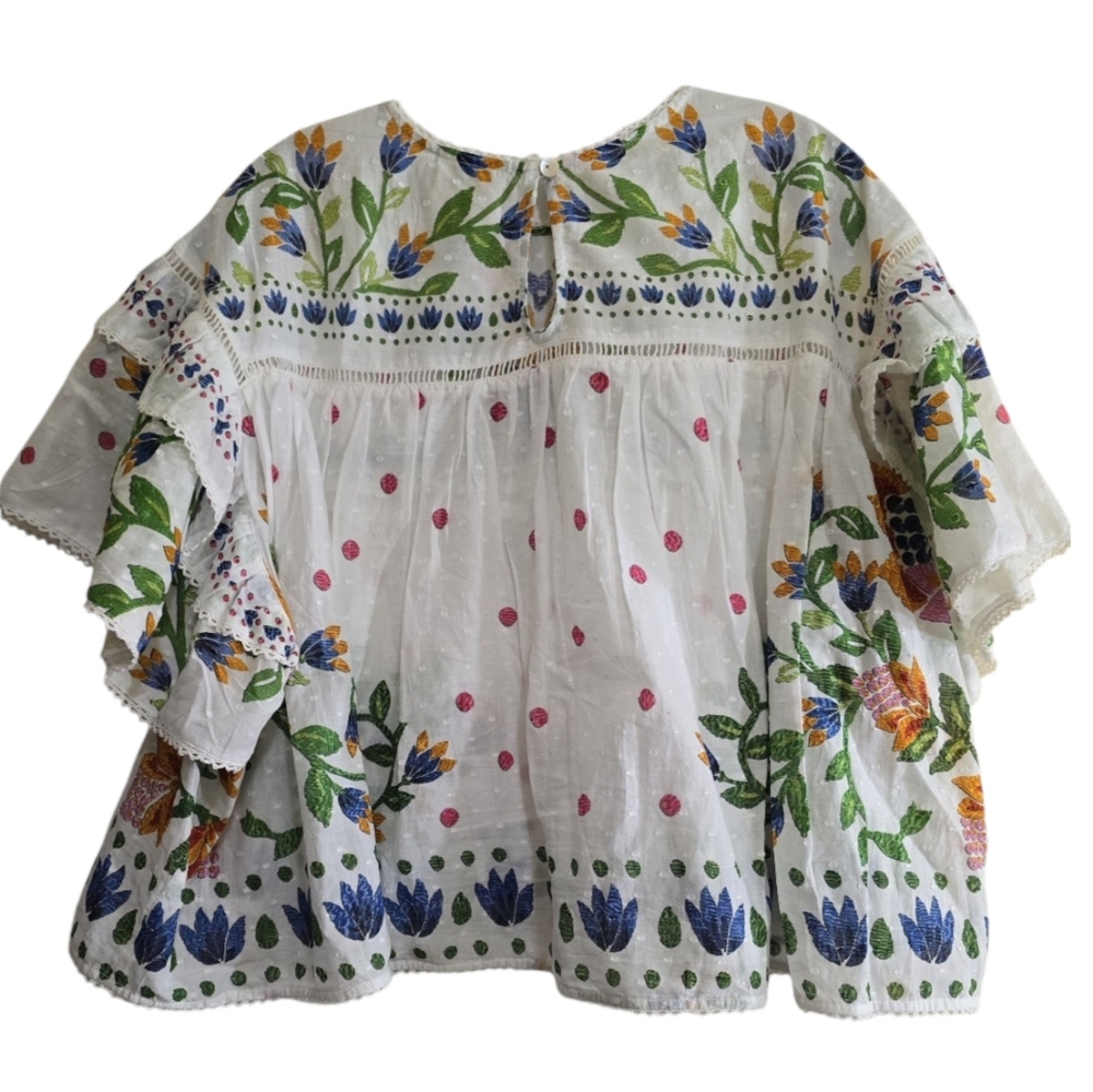 Farm Rio Summer Garden Clip Dot Printed Blouse Small Ruffle Sleeves Flowy Fit - Picture 7 of 11